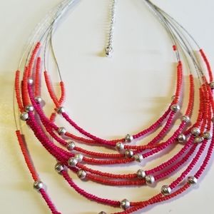 Fuchsia and Coral Necklace with Silver Beads